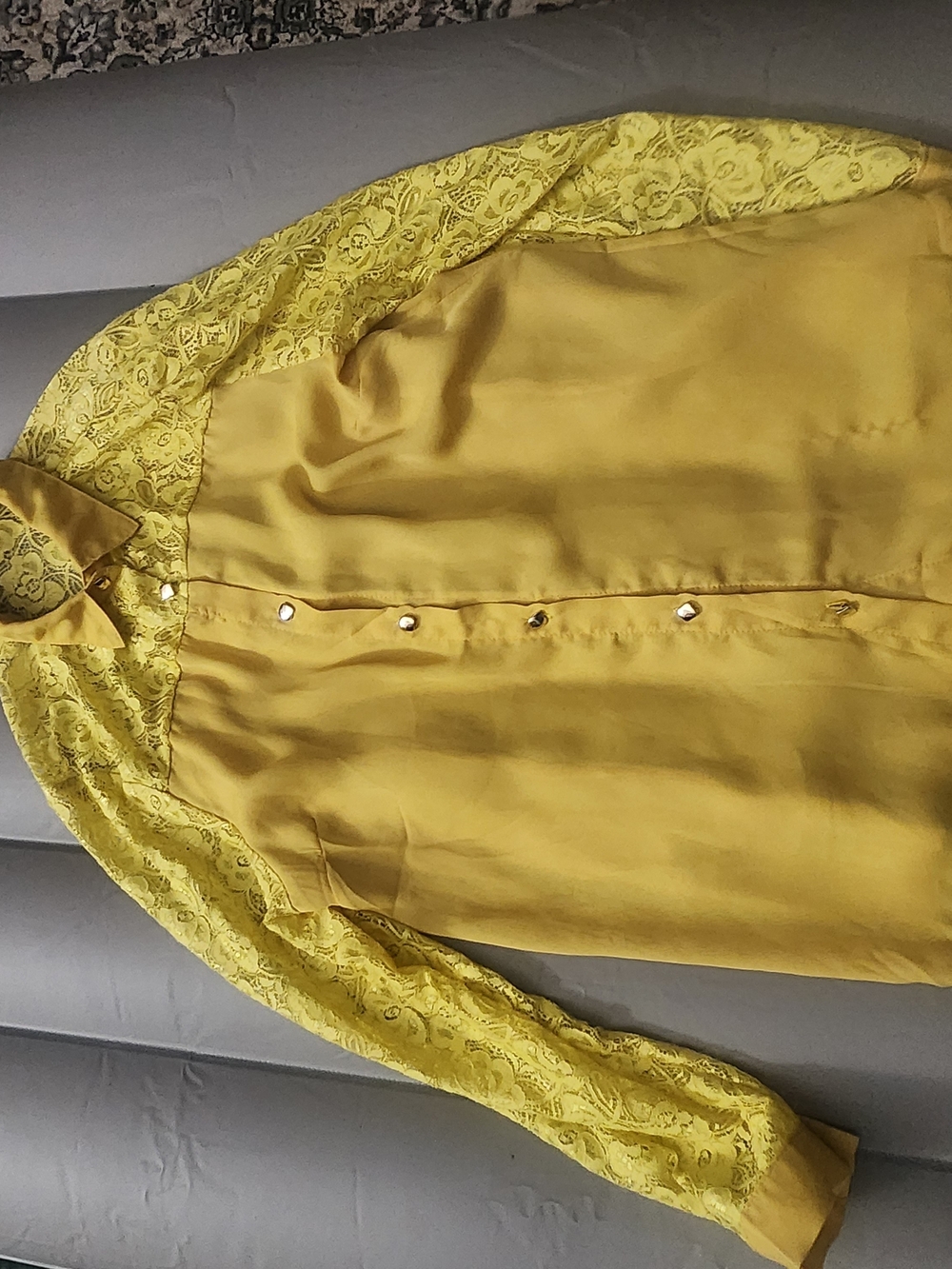 Romantic Coquette Yellow Satin & Lace Blouse • Pearl Button Up Shirt